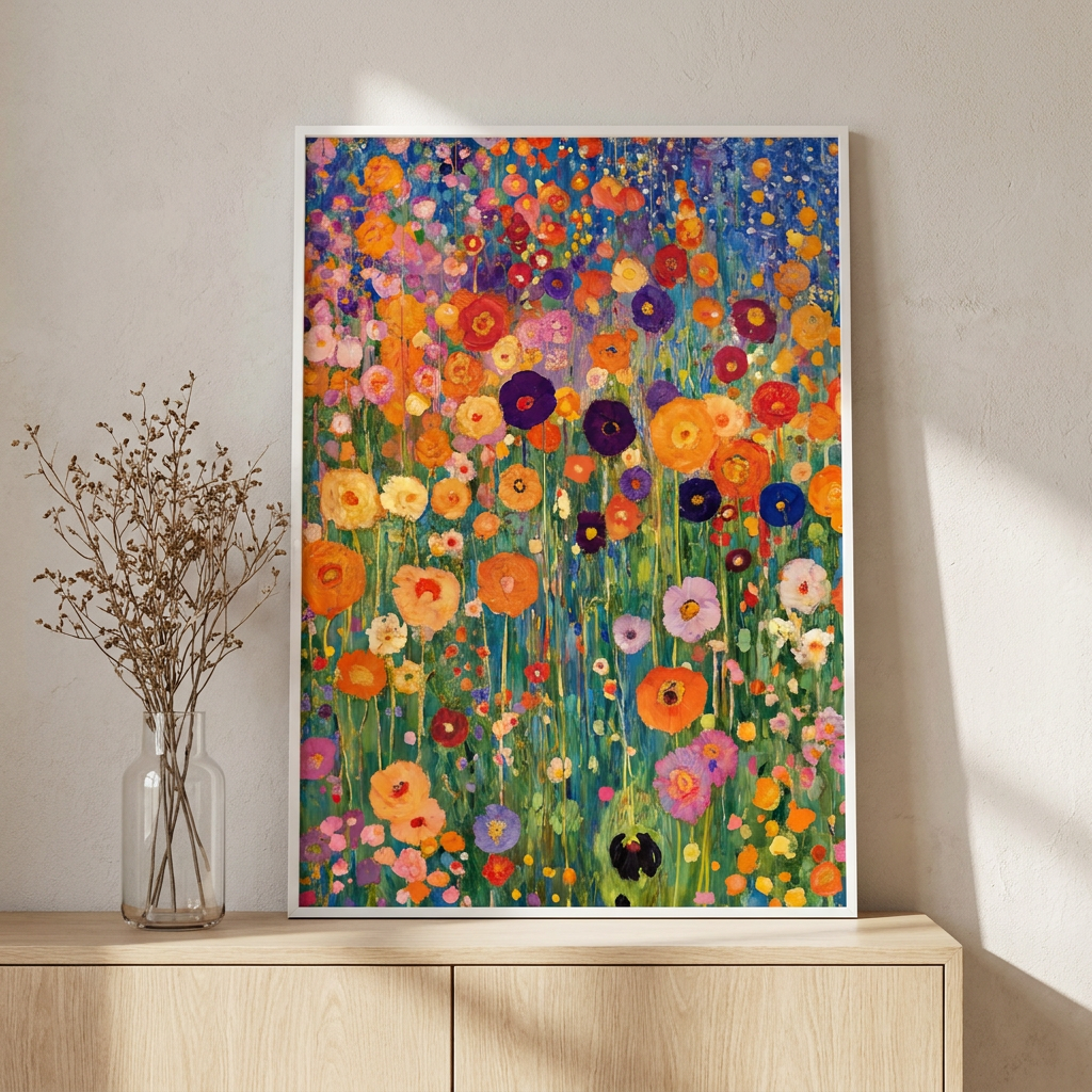 Gustav Klimt Flower Garden Poster framed in an interior