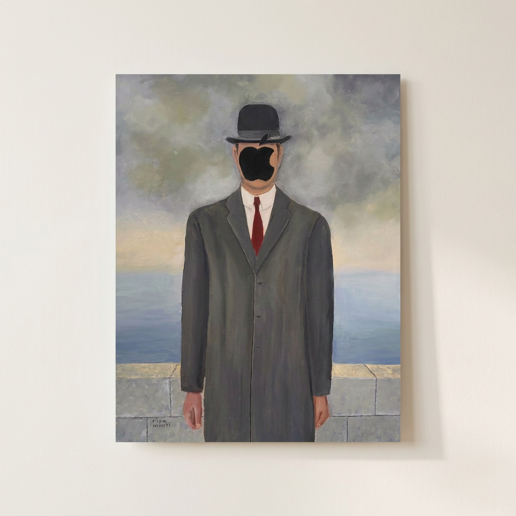 Magritte Green Apple Goes Tech Poster shown cleanly on a wall