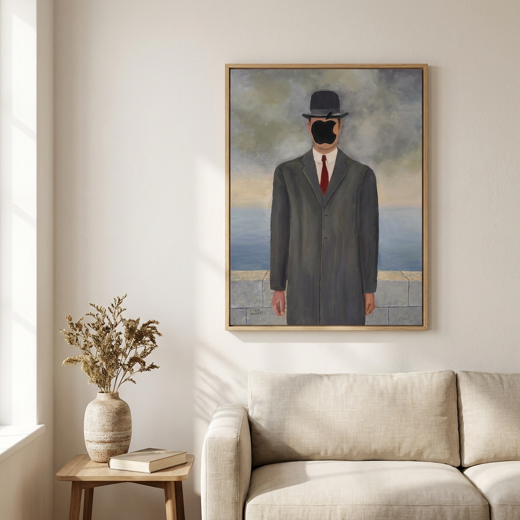 Magritte Green Apple Goes Tech Poster framed in an interior