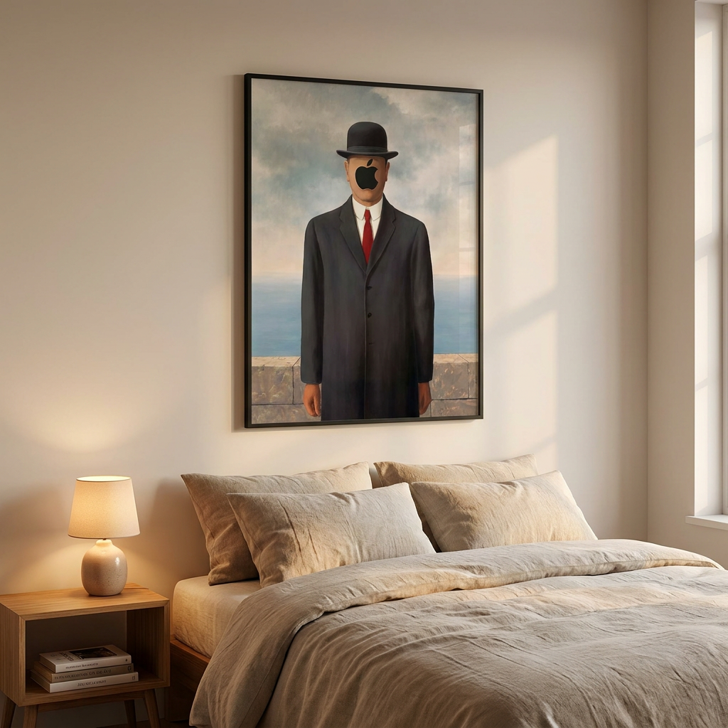 Magritte Green Apple Goes Tech Poster framed in an interior