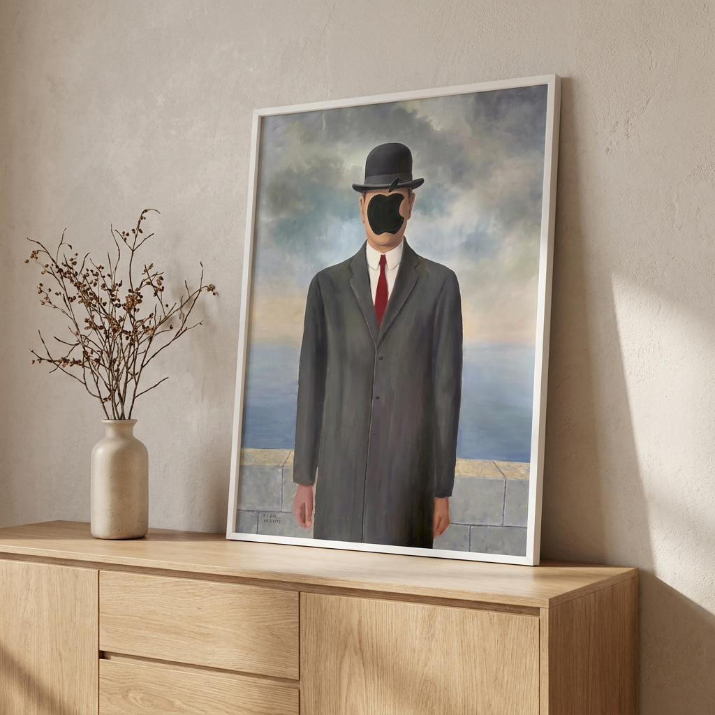 Magritte Green Apple Goes Tech Poster framed in an interior