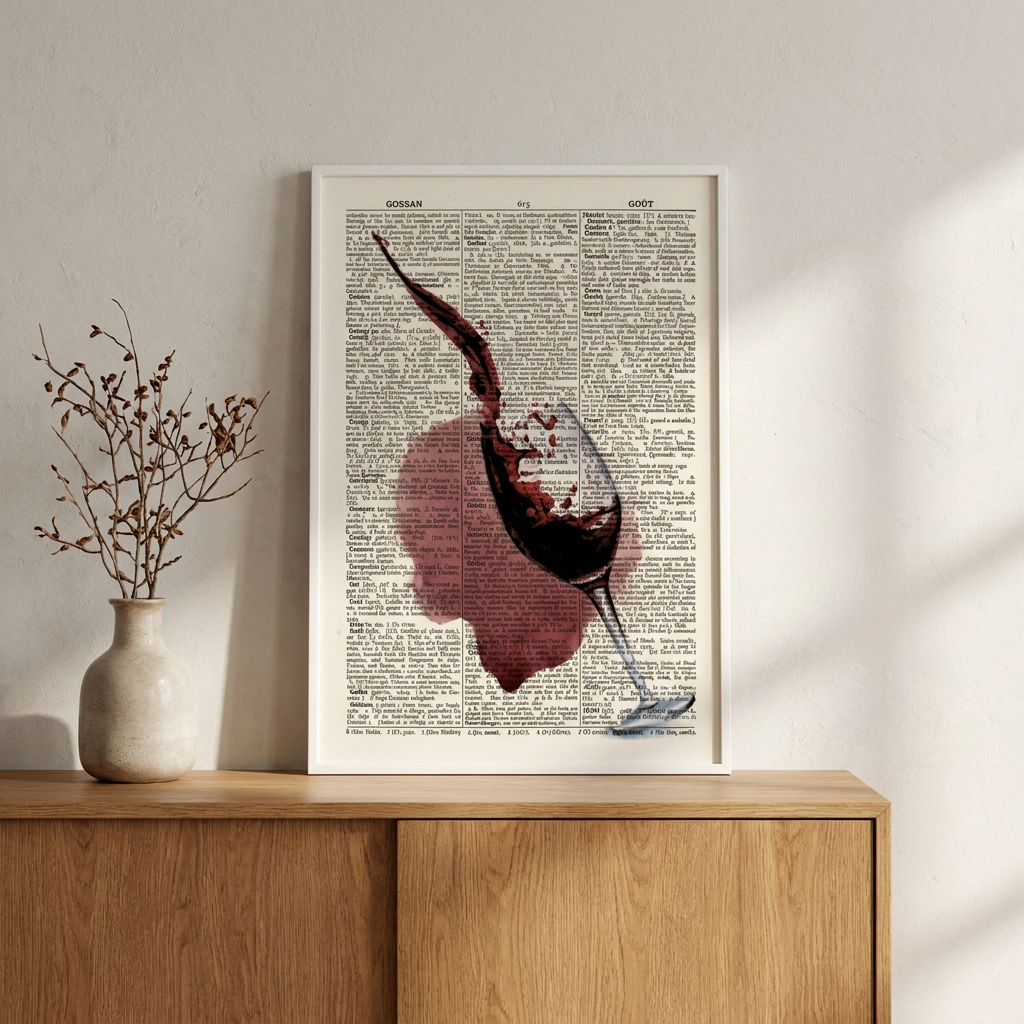 Vintage Dictionary Wine Glass Drawing Poster framed in an interior