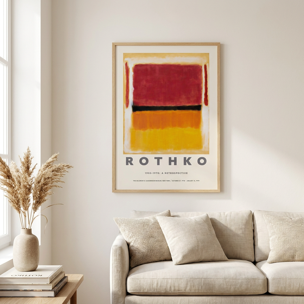 Mark Rothko Retrospective Exhibition Guggenheim Museum Poster framed in an interior