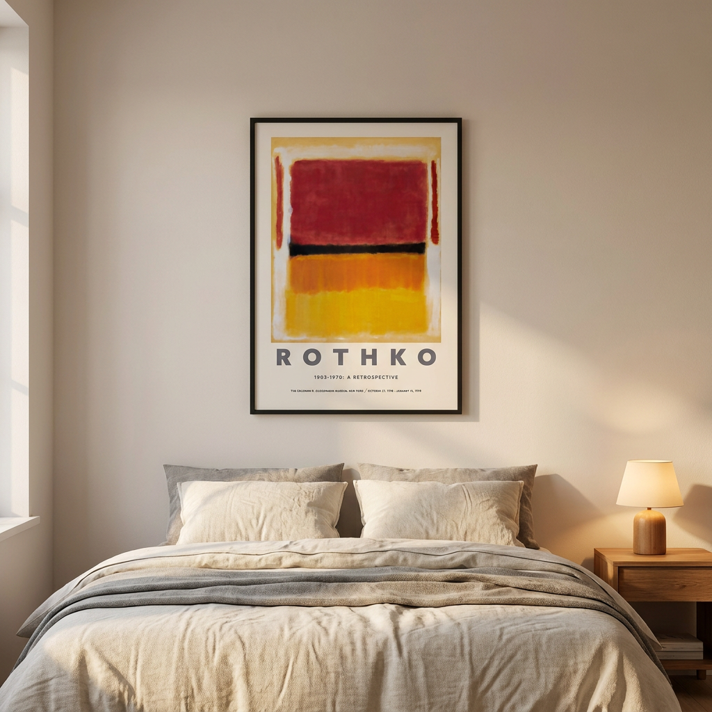 Mark Rothko Retrospective Exhibition Guggenheim Museum Poster framed in an interior