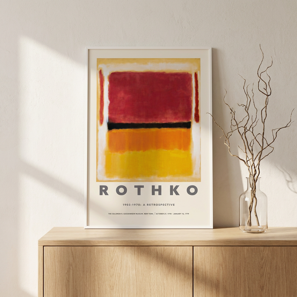 Mark Rothko Retrospective Exhibition Guggenheim Museum Poster framed in an interior