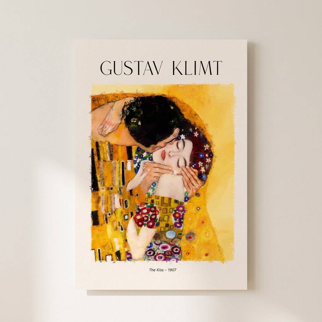 Gustav Klimt Iconic Kiss Masterpiece Nouveau Poster shown cleanly on a wall