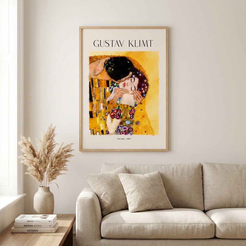 Gustav Klimt Iconic Kiss Masterpiece Nouveau Poster framed in an interior