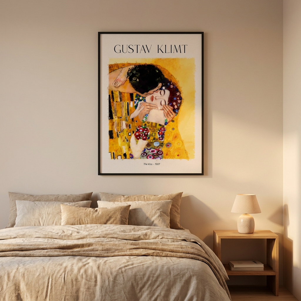 Gustav Klimt Iconic Kiss Masterpiece Nouveau Poster framed in an interior