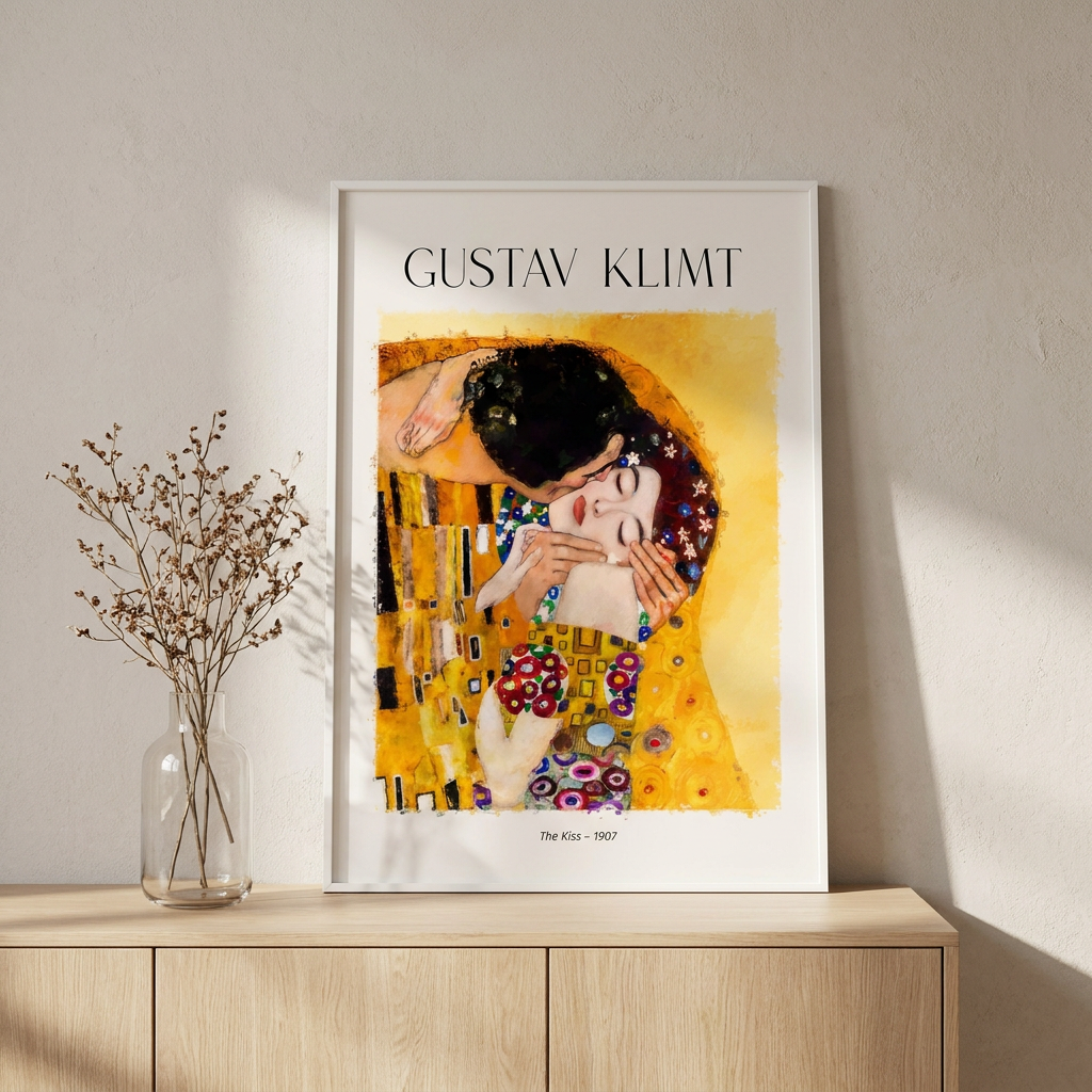 Gustav Klimt Iconic Kiss Masterpiece Nouveau Poster framed in an interior