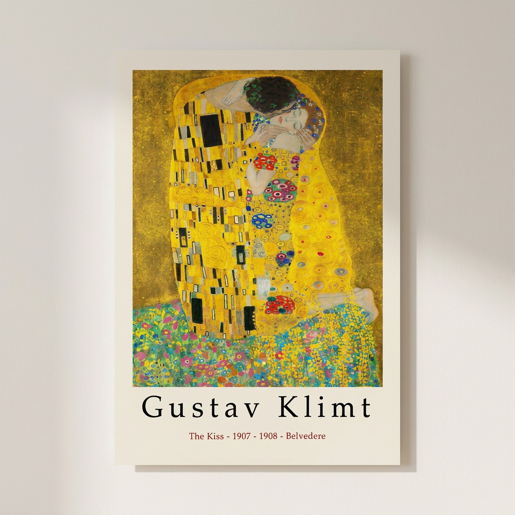 Gustav Klimt Gallery Quality Kiss Gustav Poster shown cleanly on a wall