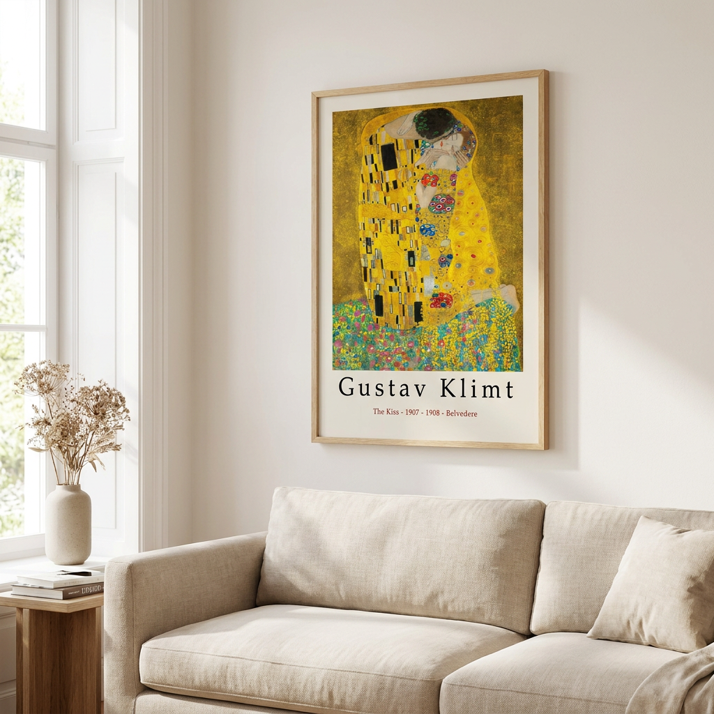 Gustav Klimt Gallery Quality Kiss Gustav Poster framed in an interior