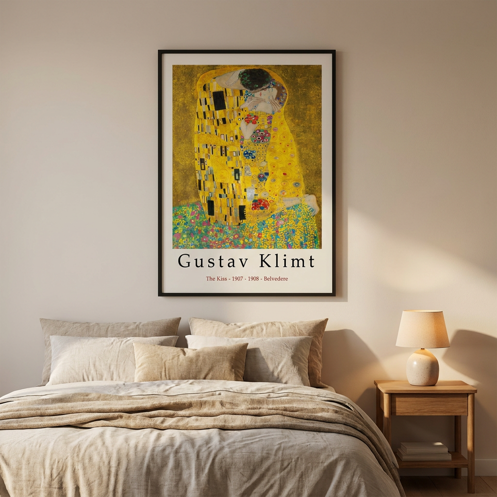 Gustav Klimt Gallery Quality Kiss Gustav Poster framed in an interior