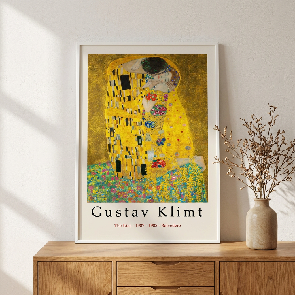 Gustav Klimt Gallery Quality Kiss Gustav Poster framed in an interior