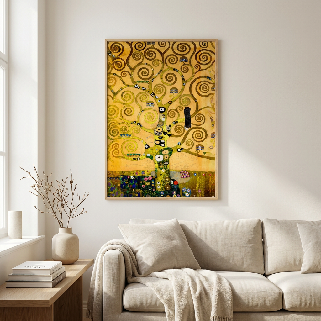 Gustav Klimt Tree Life Poster framed in an interior