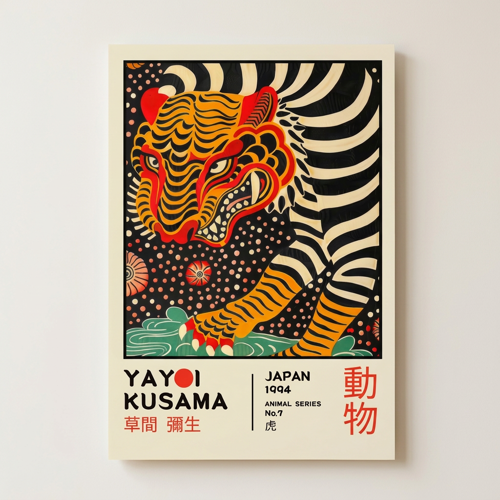Yayoi Kusama Tiger Retro Exhibition Poster shown cleanly on a wall