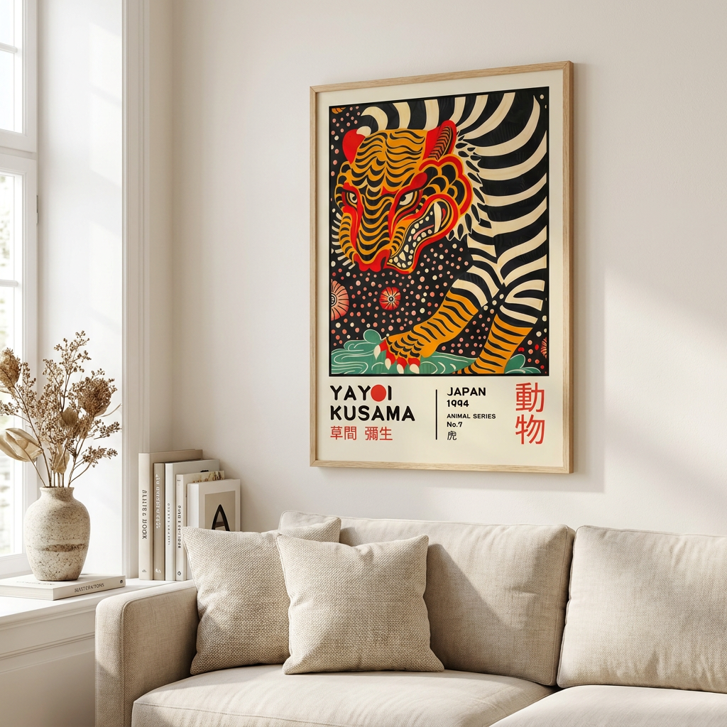 Yayoi Kusama Tiger Retro Exhibition Poster framed in an interior