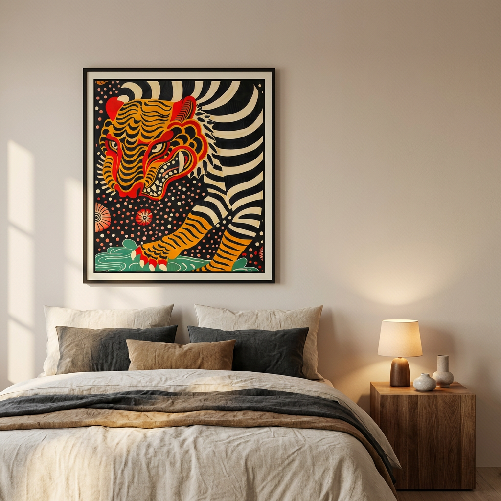 Yayoi Kusama Tiger Retro Exhibition Poster framed in an interior
