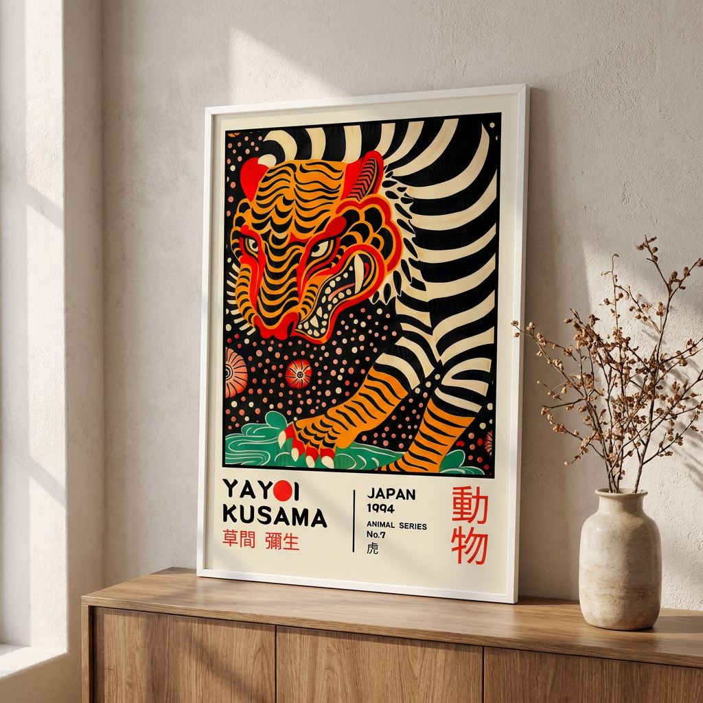 Yayoi Kusama Tiger Retro Exhibition Poster framed in an interior