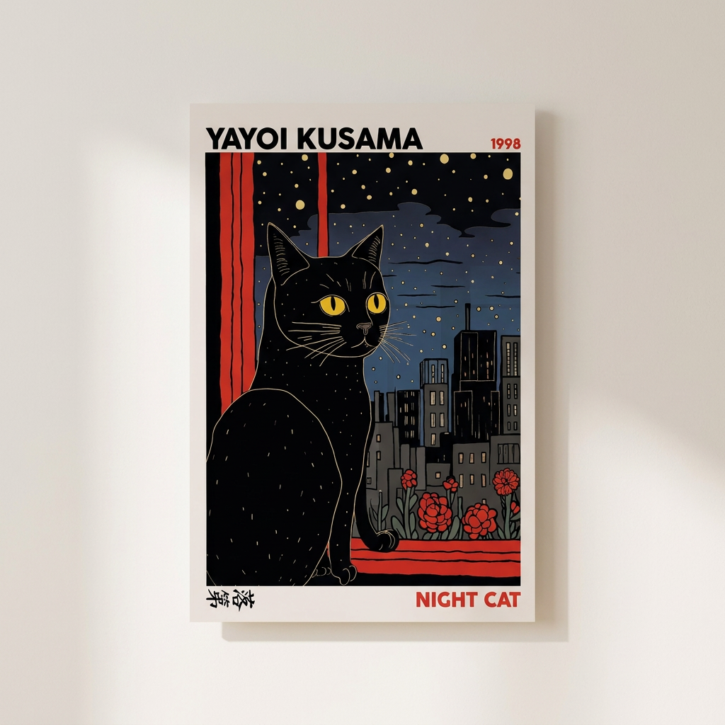 Night Cat Yayoi Kusama Modern Poster shown cleanly on a wall