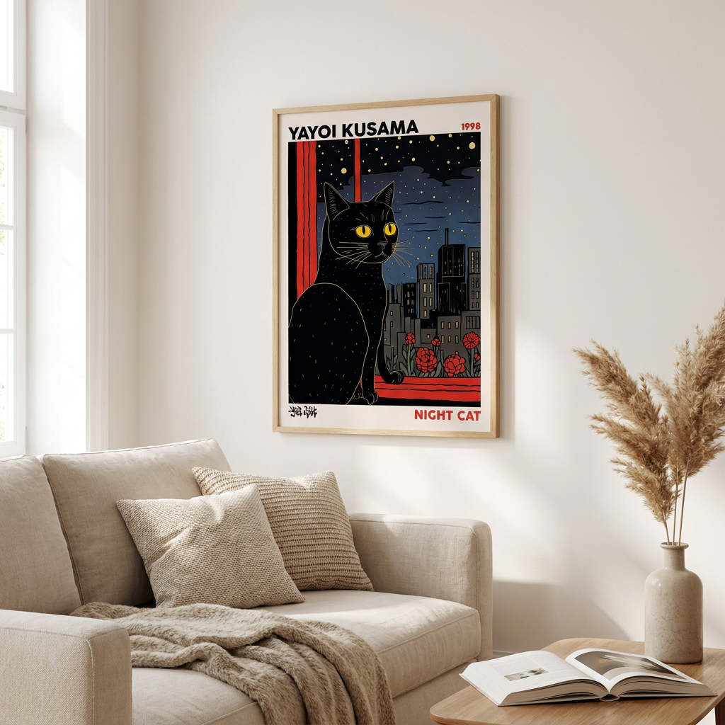 Night Cat Yayoi Kusama Modern Poster framed in an interior