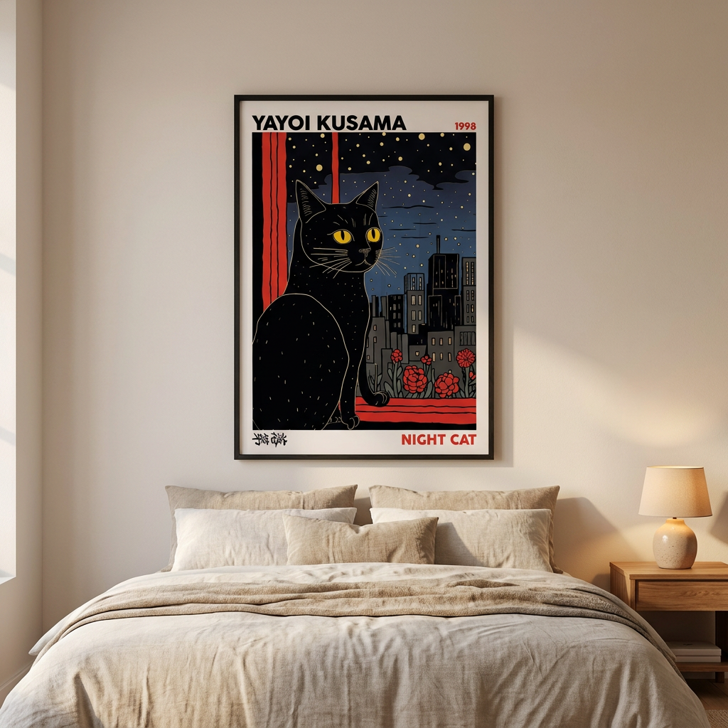 Night Cat Yayoi Kusama Modern Poster framed in an interior