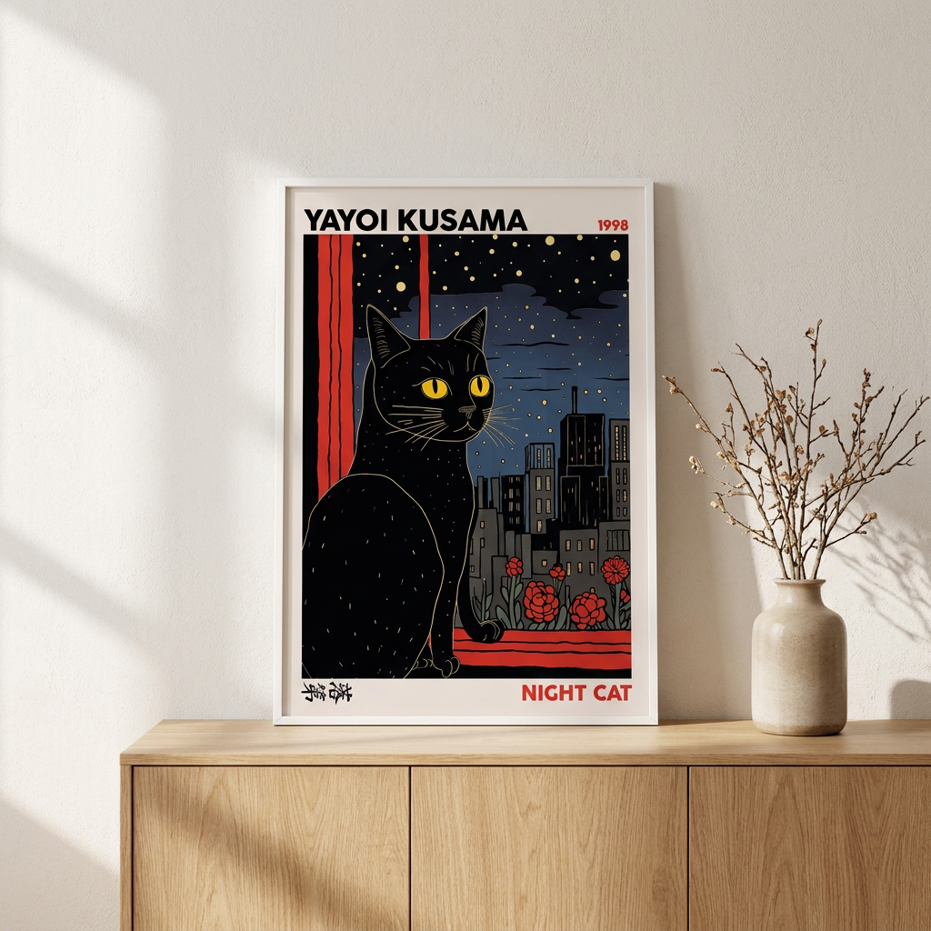 Night Cat Yayoi Kusama Modern Poster framed in an interior