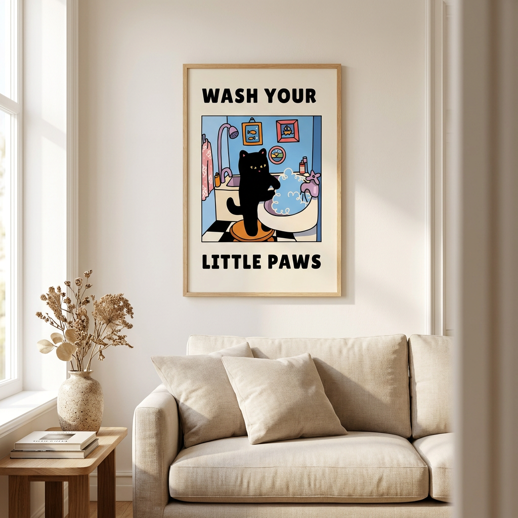 Wash Your Little Paws Poster framed in an interior