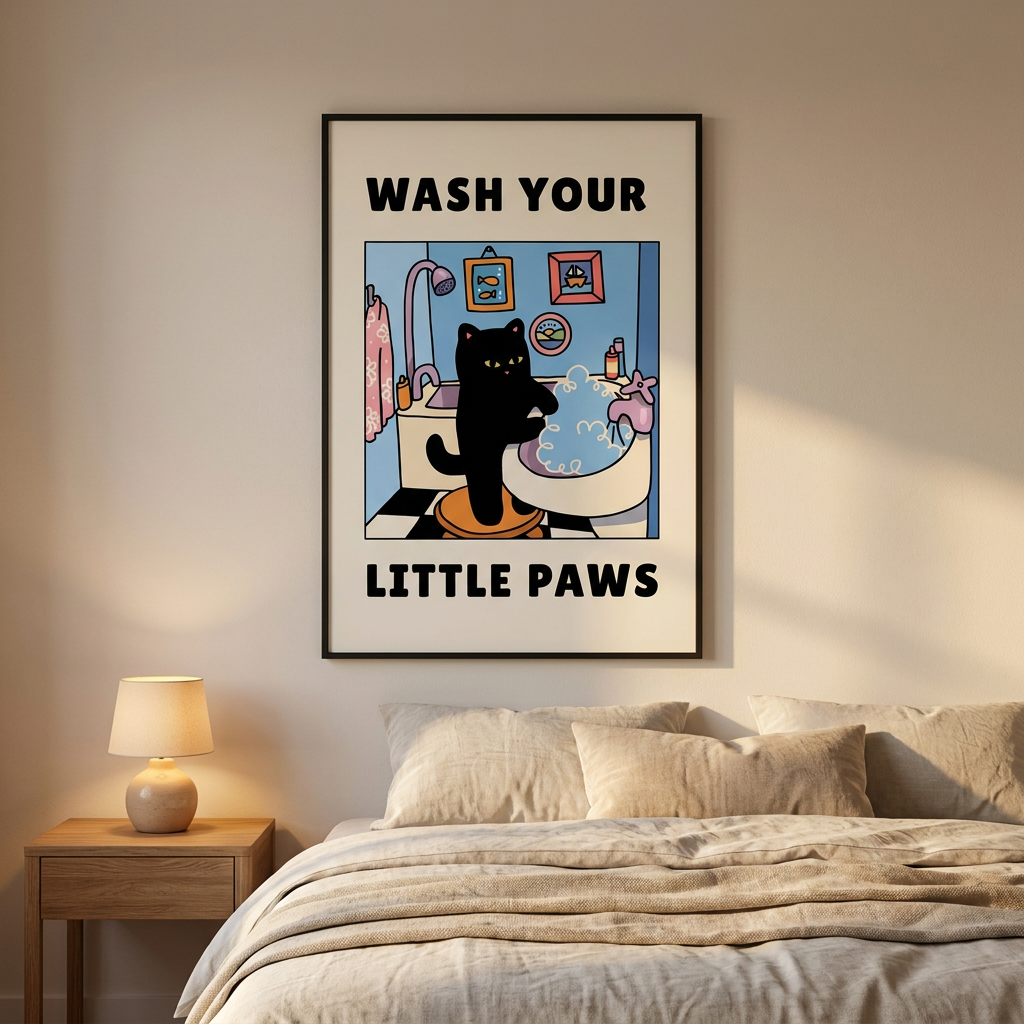 Wash Your Little Paws Poster framed in an interior