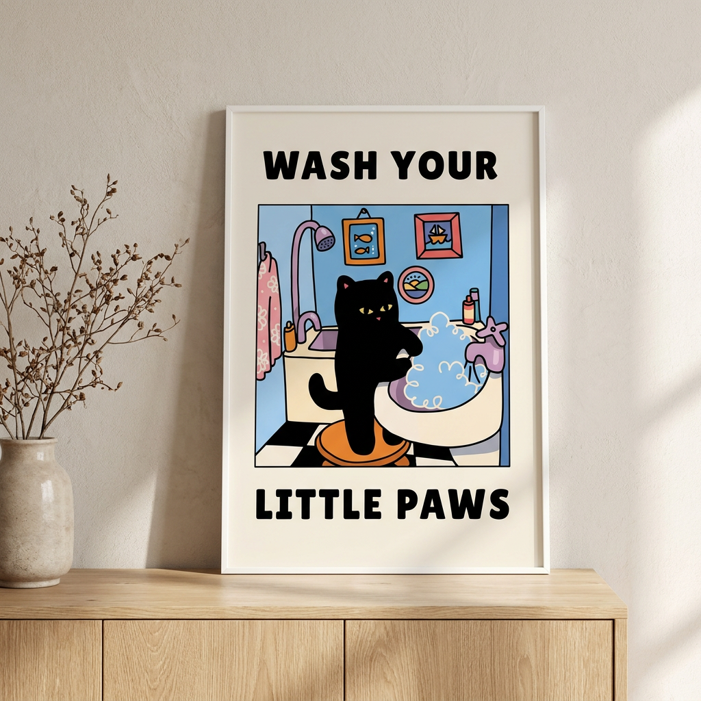 Wash Your Little Paws Poster framed in an interior
