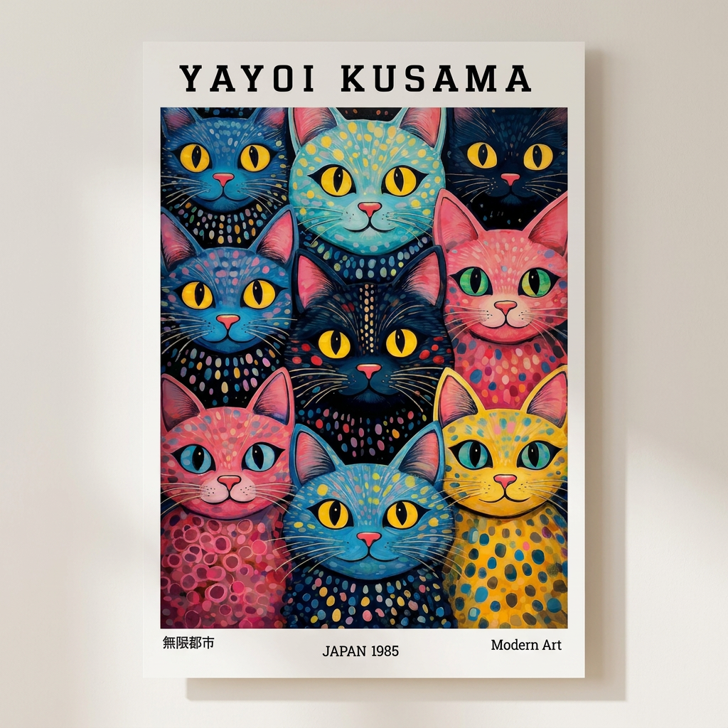 Yayoi Kusama Polka Dot Cat Parade Poster shown cleanly on a wall