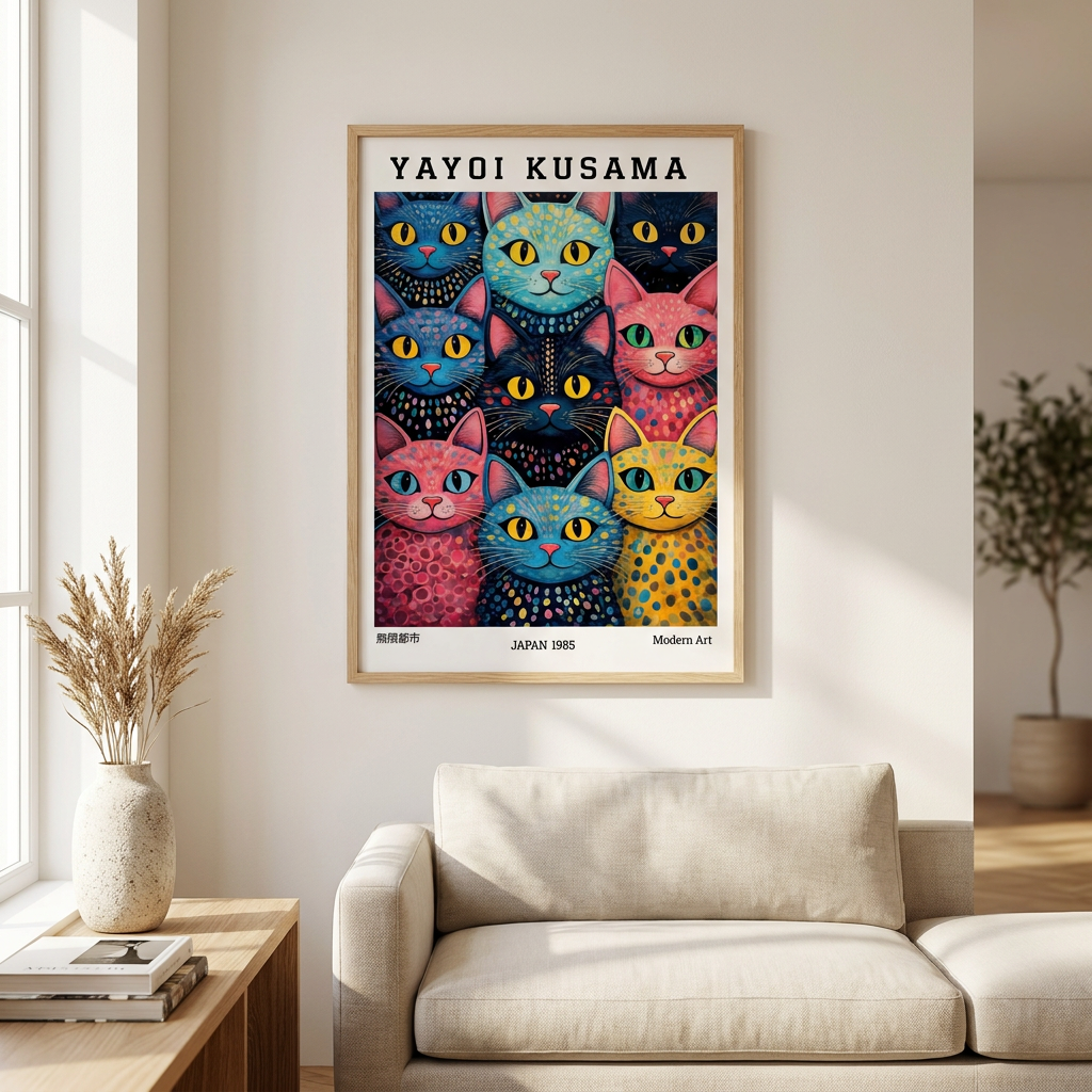 Yayoi Kusama Polka Dot Cat Parade Poster framed in an interior