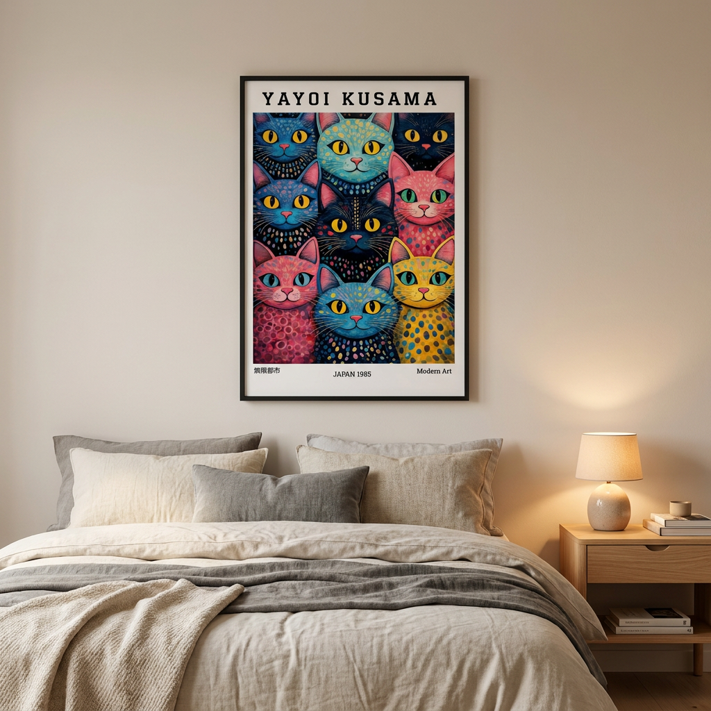Yayoi Kusama Polka Dot Cat Parade Poster framed in an interior