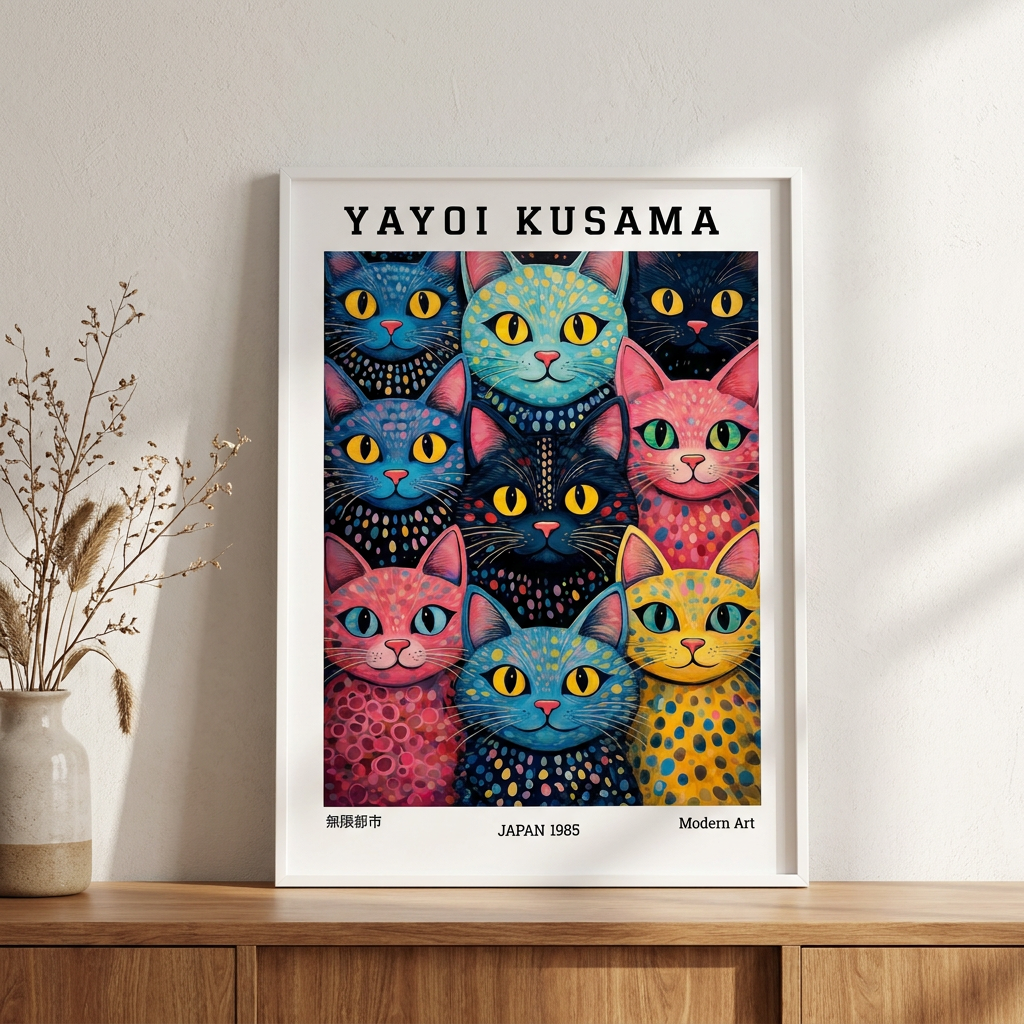 Yayoi Kusama Polka Dot Cat Parade Poster framed in an interior
