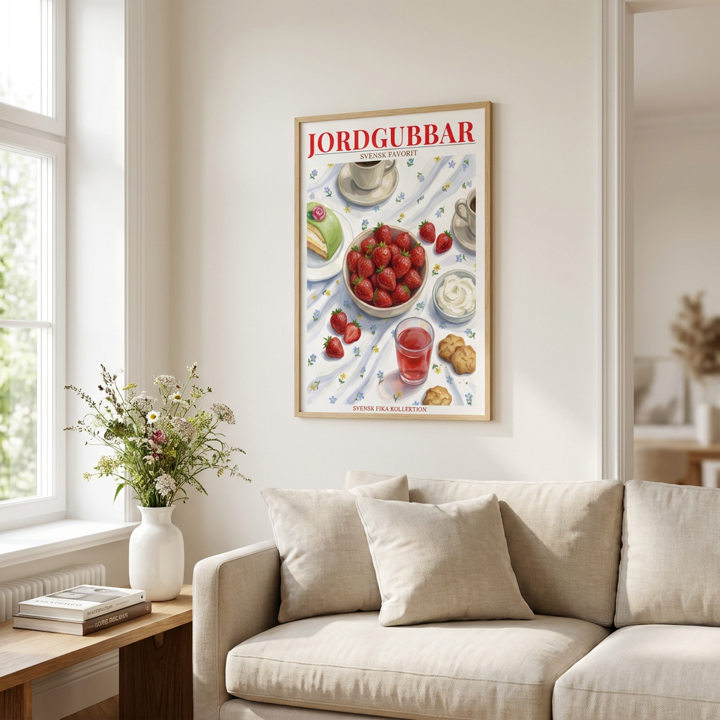 Svenska Jordgubbar Poster framed in an interior