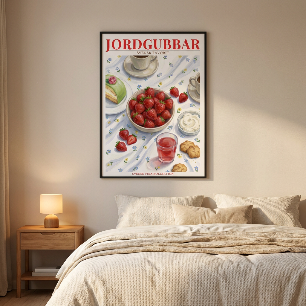 Svenska Jordgubbar Poster framed in an interior