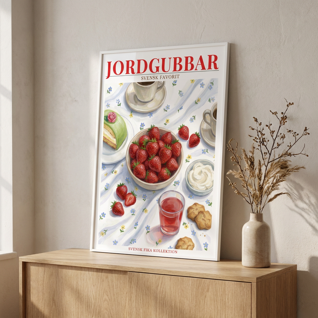 Svenska Jordgubbar Poster framed in an interior