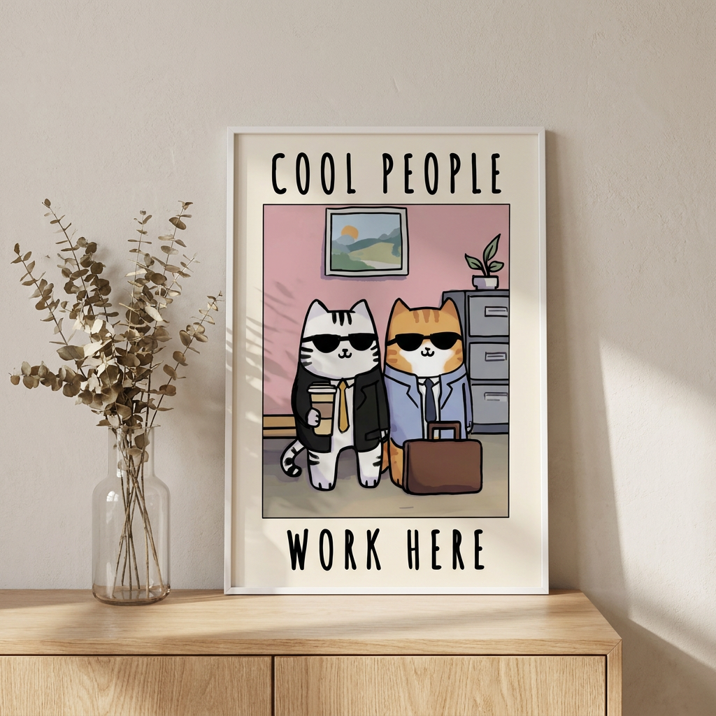 Office Cool Cats Poster framed in an interior