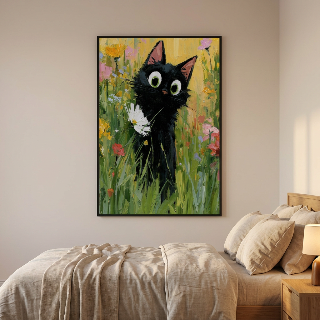 Garden Cat White Flower Poster framed in an interior