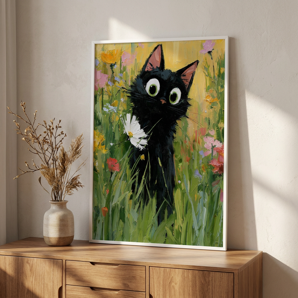 Garden Cat White Flower Poster framed in an interior