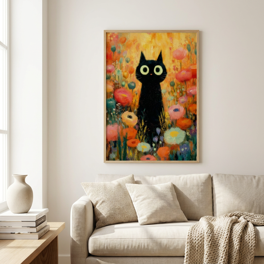 Midnight Bloom Cat Poster framed in an interior