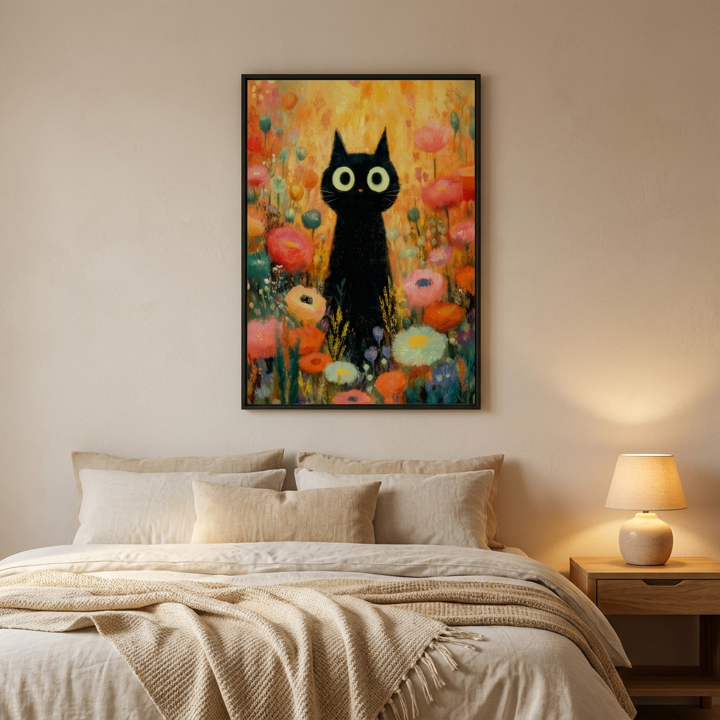 Midnight Bloom Cat Poster framed in an interior