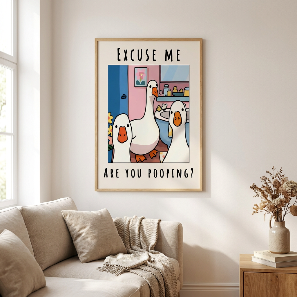 Excuse Me Bathroom Ducks Poster framed in an interior