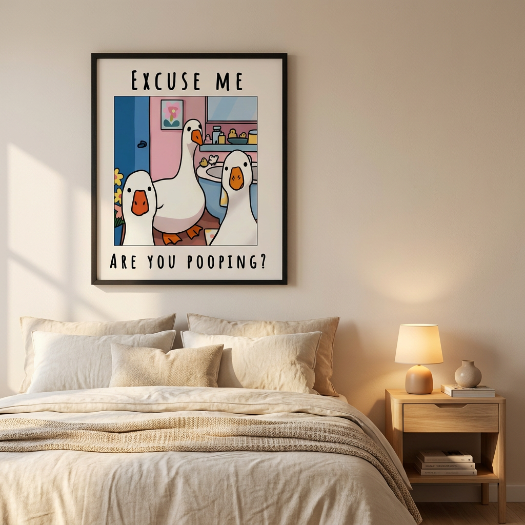 Excuse Me Bathroom Ducks Poster framed in an interior