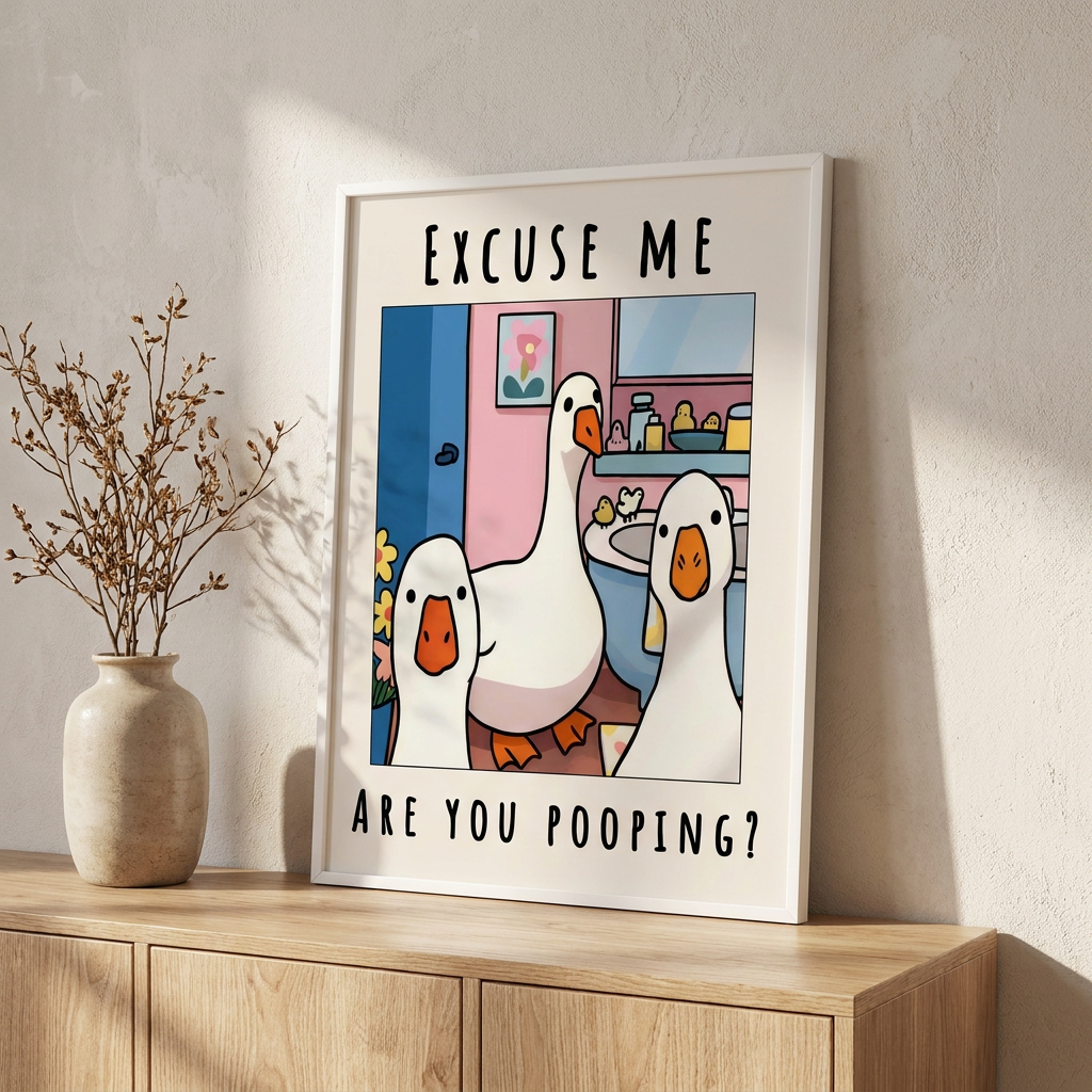 Excuse Me Bathroom Ducks Poster framed in an interior