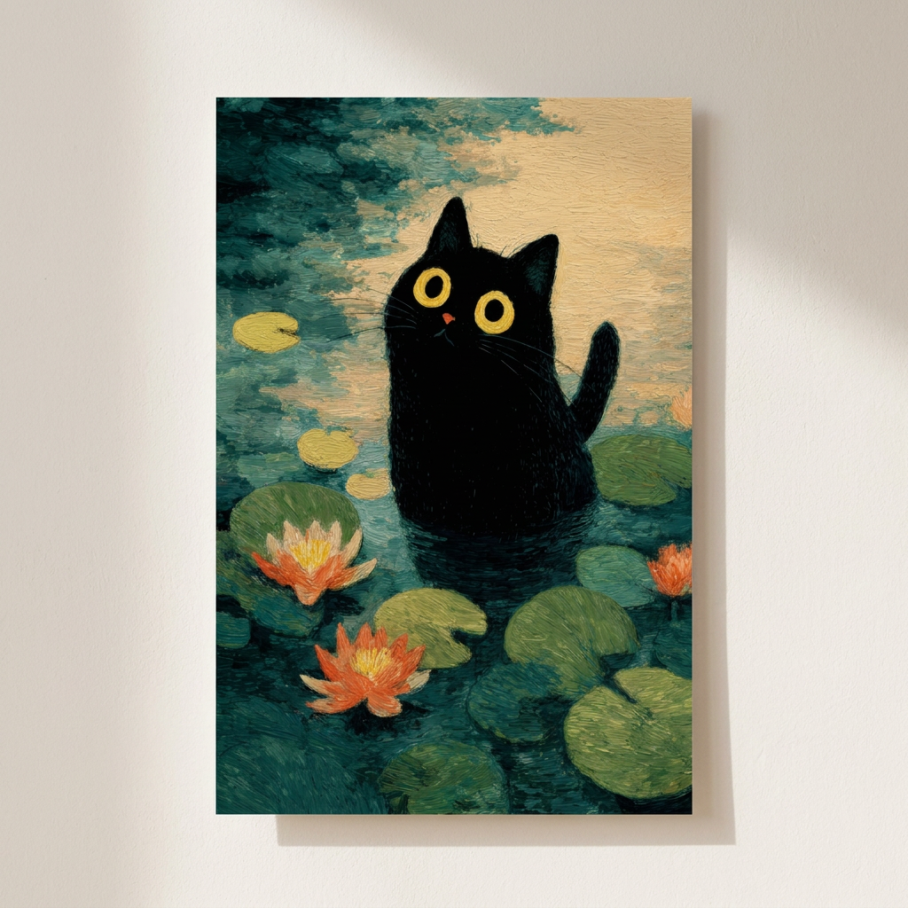 Lily Pond Cat Poster shown cleanly on a wall