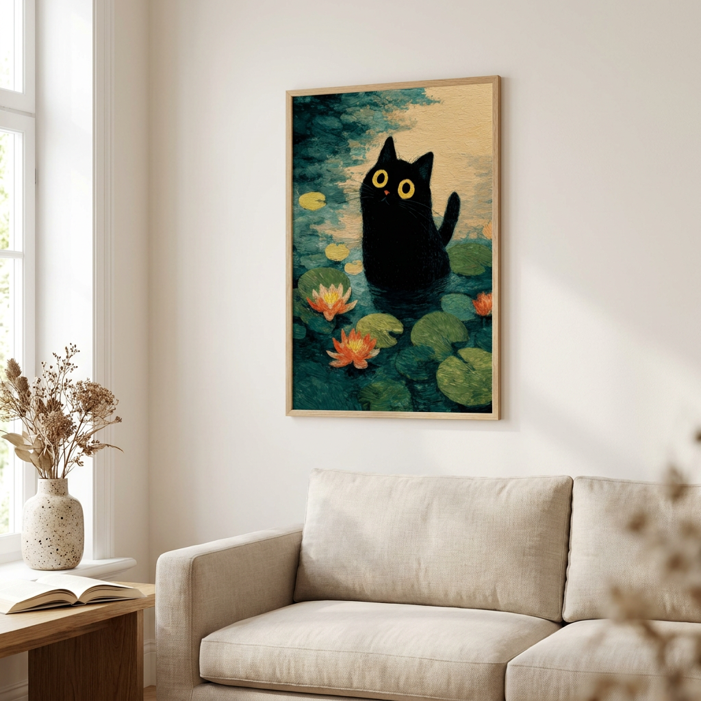 Lily Pond Cat Poster framed in an interior