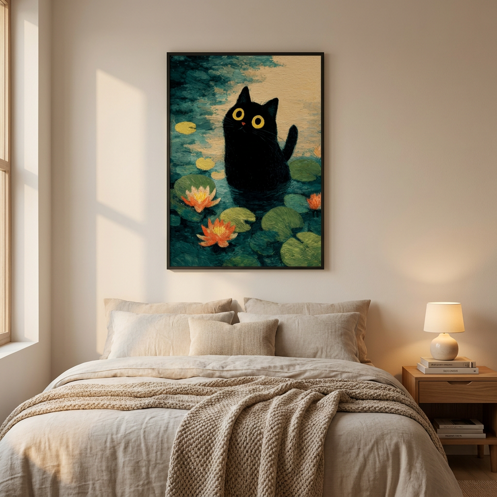 Lily Pond Cat Poster framed in an interior