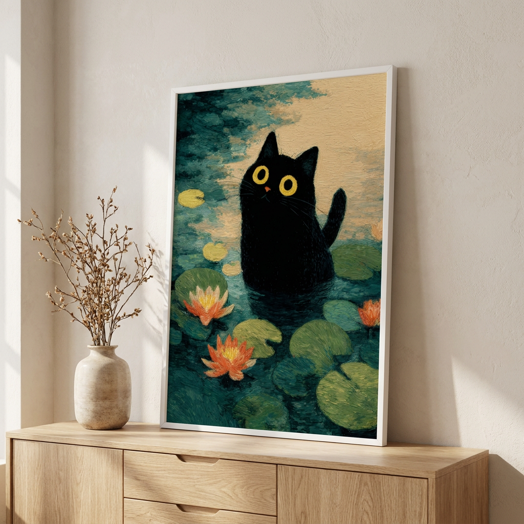 Lily Pond Cat Poster framed in an interior