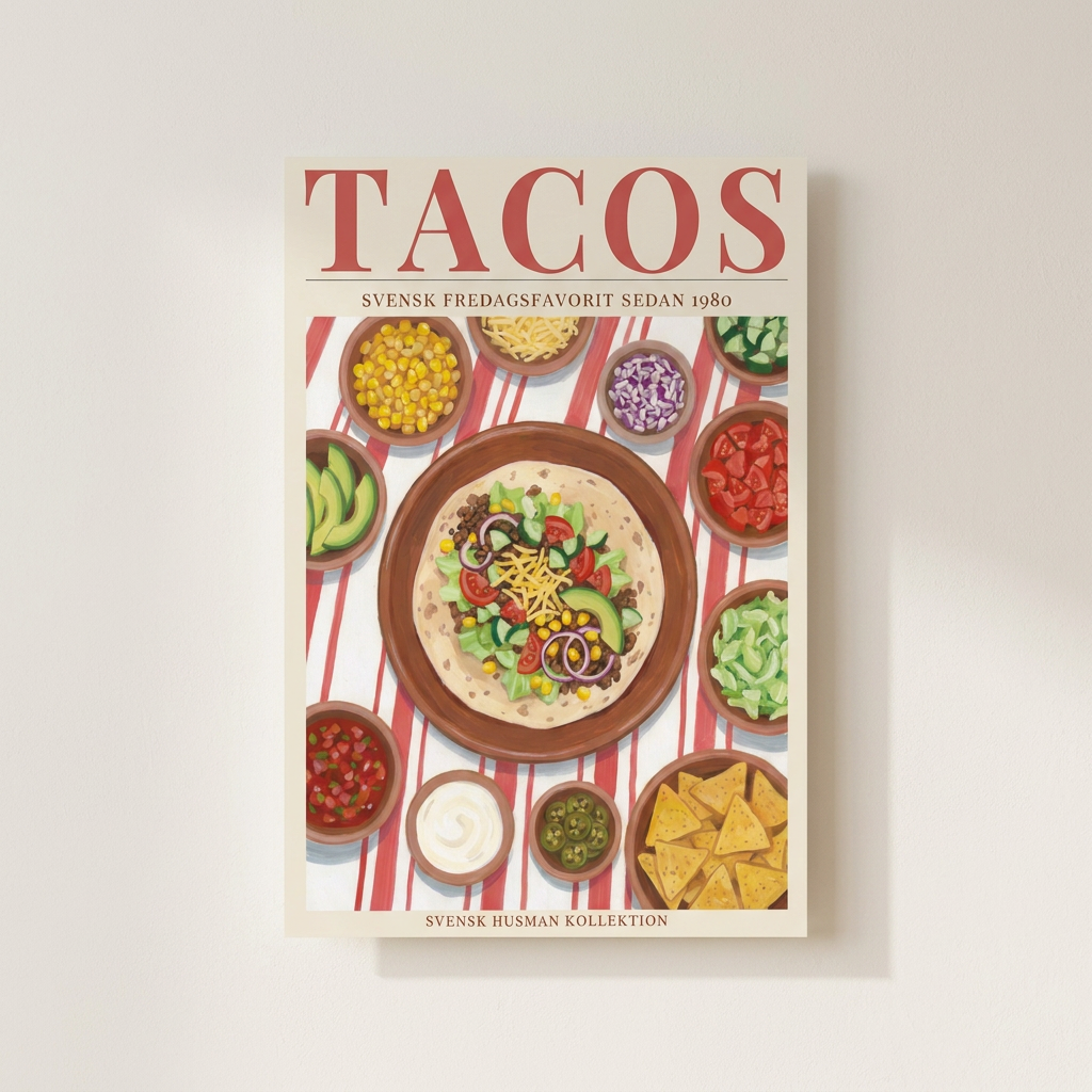 Tacos Fredag Poster shown cleanly on a wall