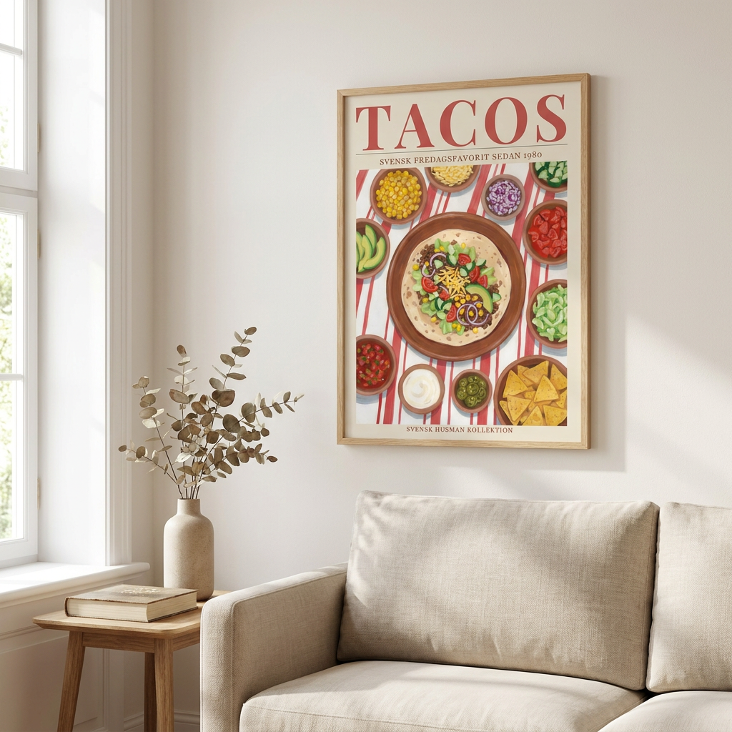 Tacos Fredag Poster framed in an interior